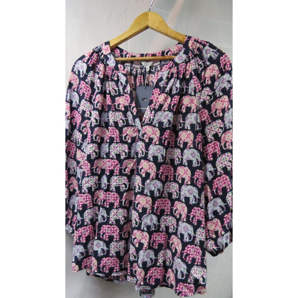 NWT Crown & Ivy Peasant Pink Blue Elephant Tunic Shirt Top Blouse Size Small
